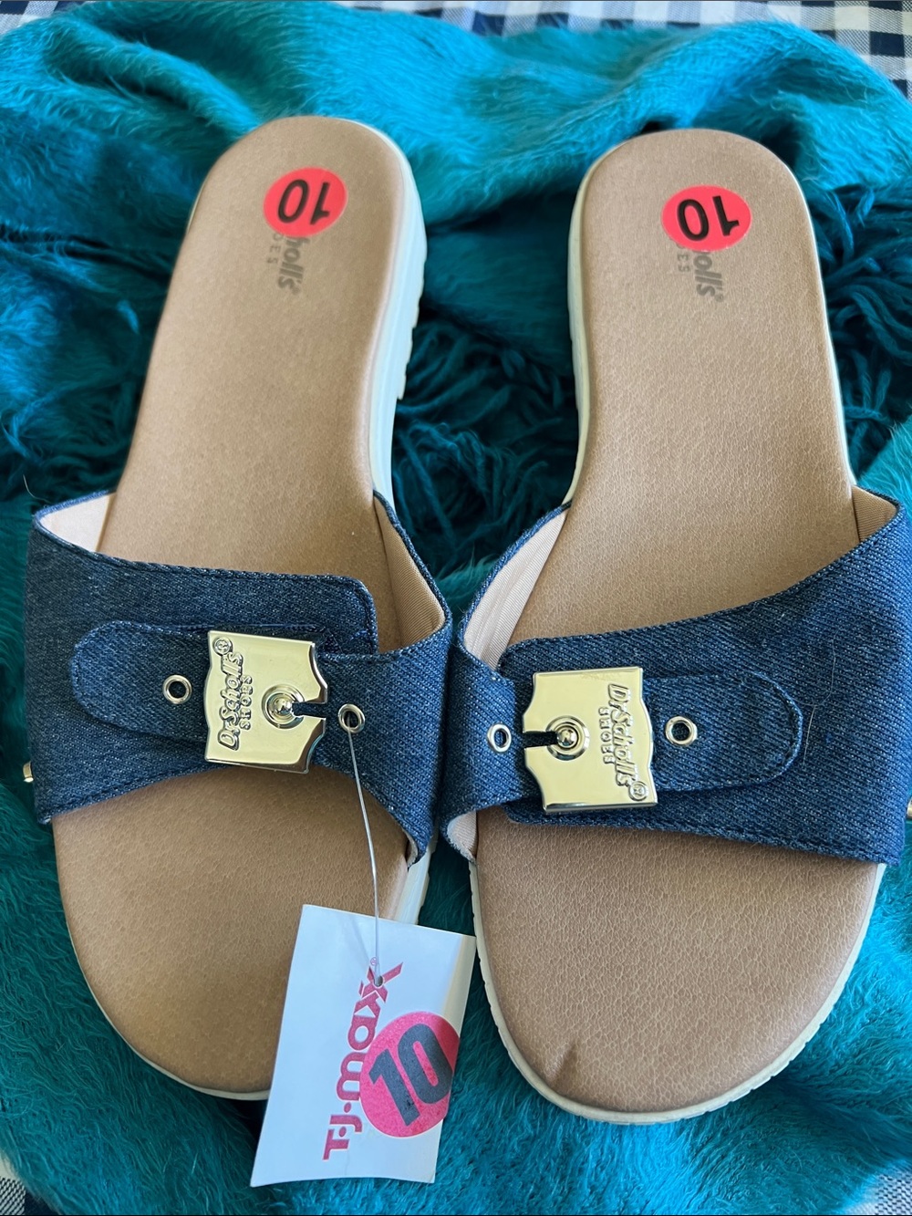 Dr. Scholl's Denim Blue Slide Sandals with Gold Buckle NWT